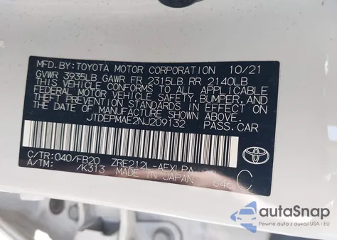 2022 Toyota Corolla Le z USA, uszkodzony, nr VIN JTDEPMAE2NJ209132